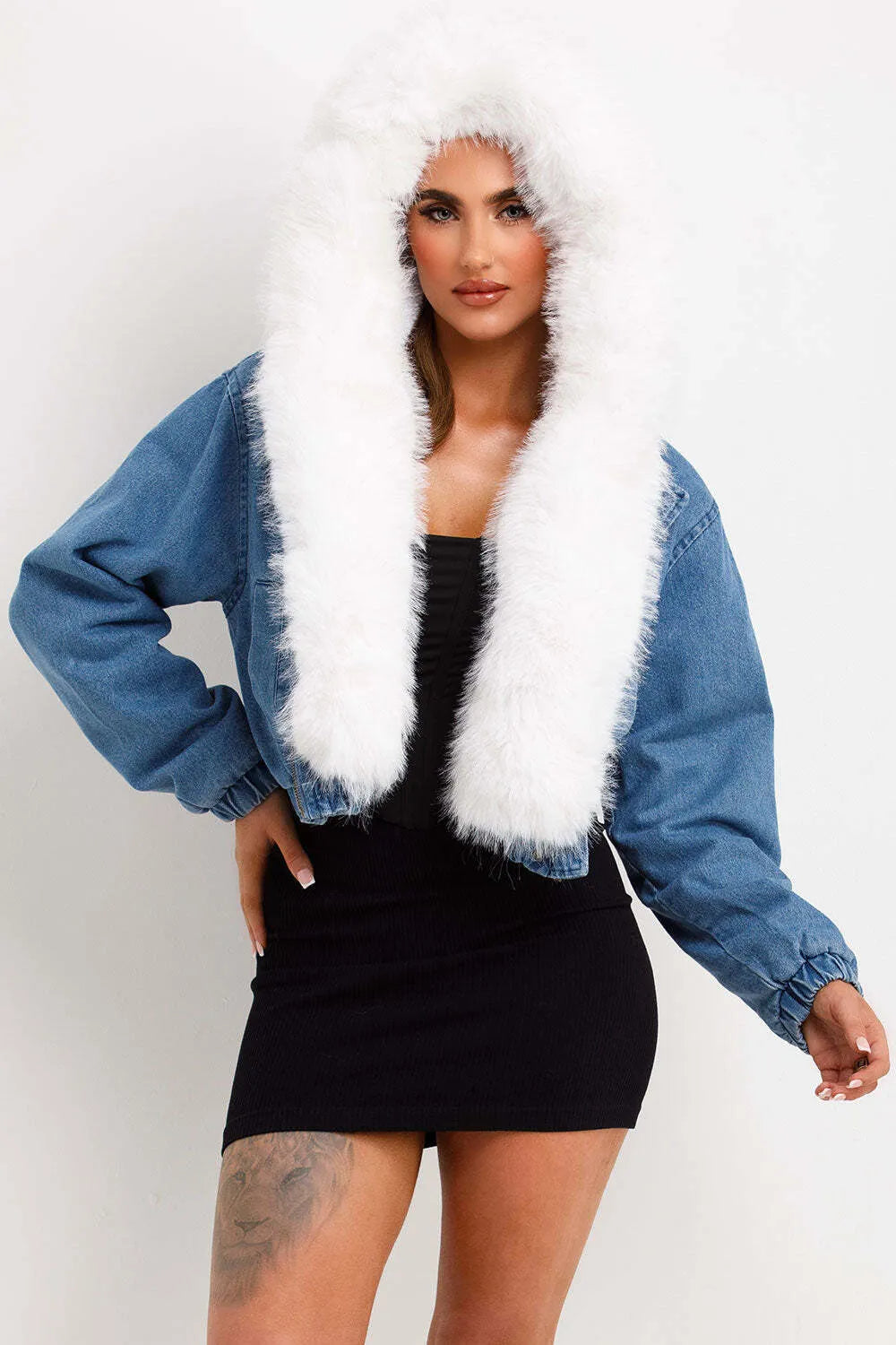 Denim Bomber Jacket With White Faux Fur Hood And Trim