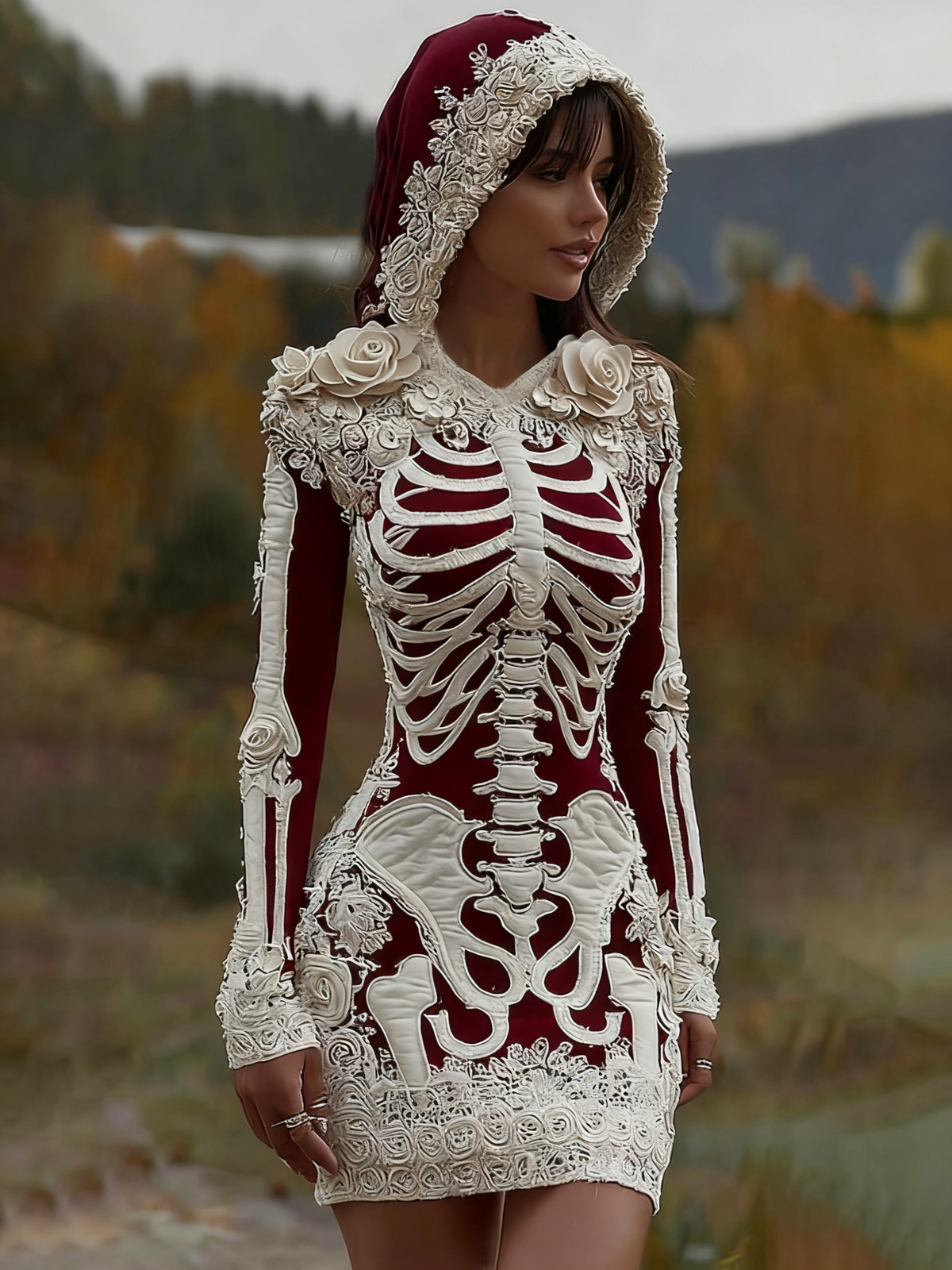 Women's Vintage Halloween Skeleton Bones With Rose Art Cozy Knit Hooded Sweater Dress