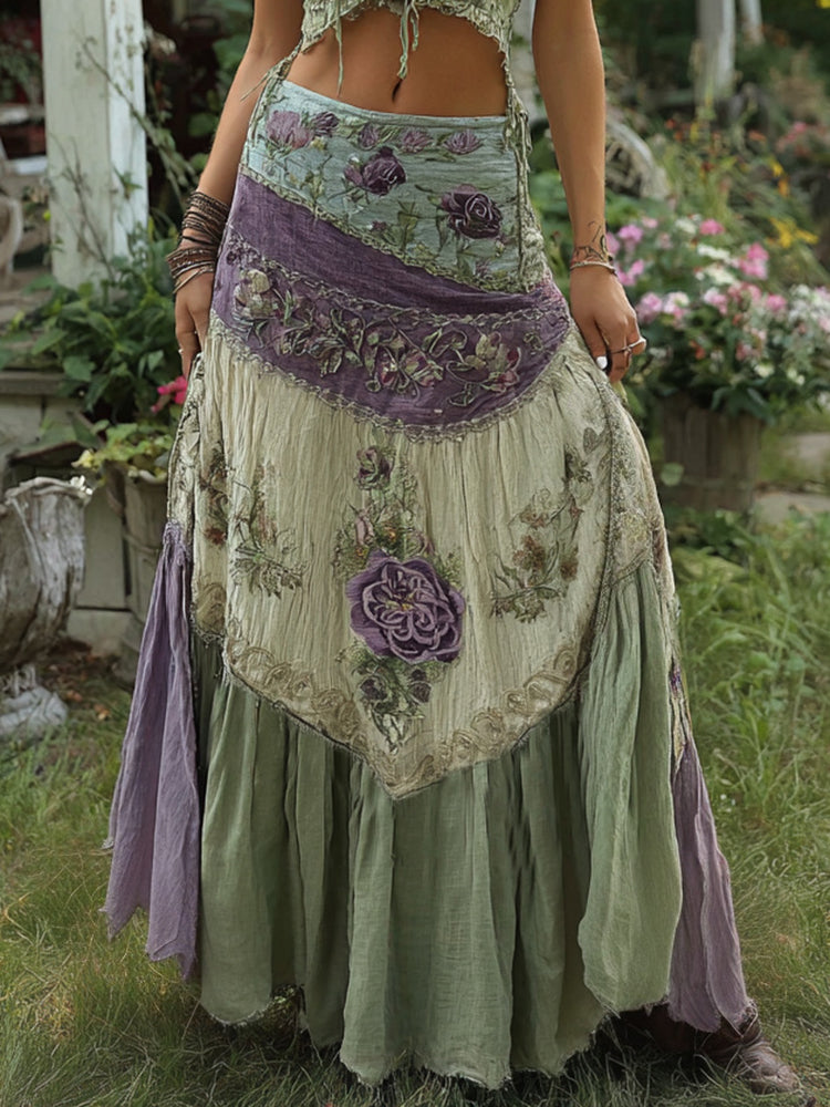 Vintage Classy Gradient Purple Lavender And Floral Embroidered Boho Half-length Skirt