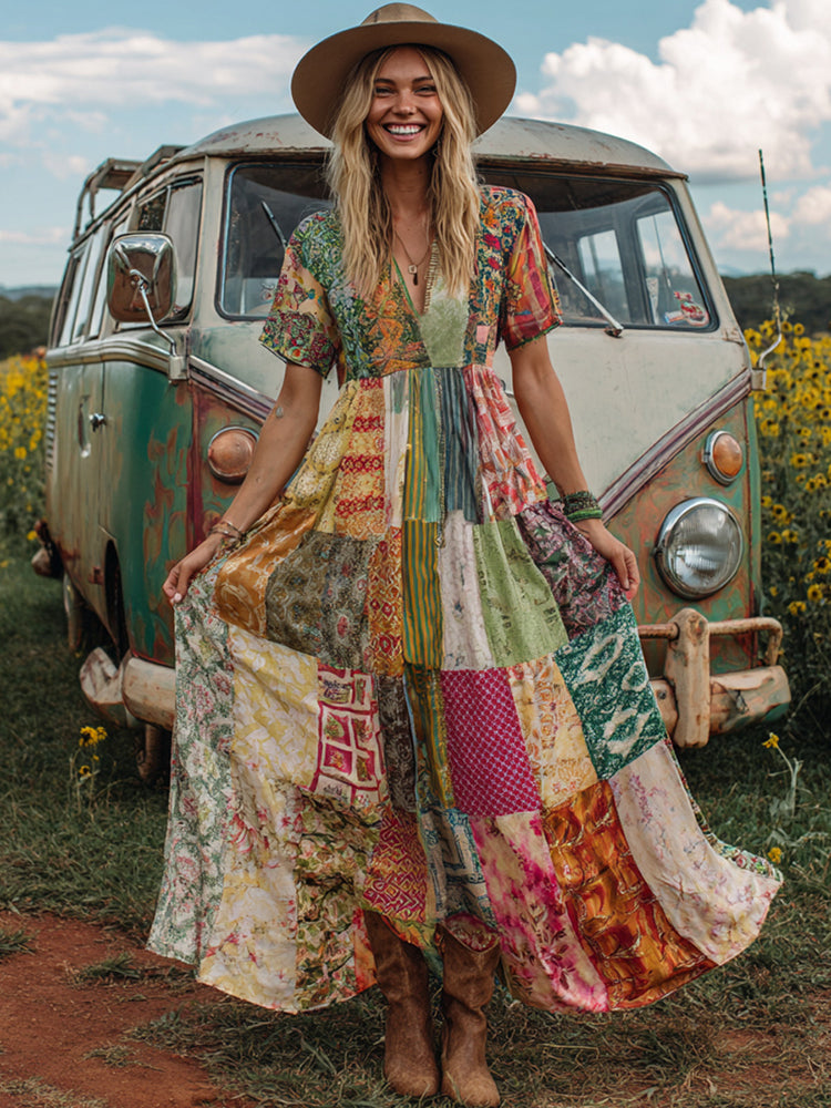 Countryside Style Collection Classy Patchwork Floral Pattern Art Linen Maxi Dress
