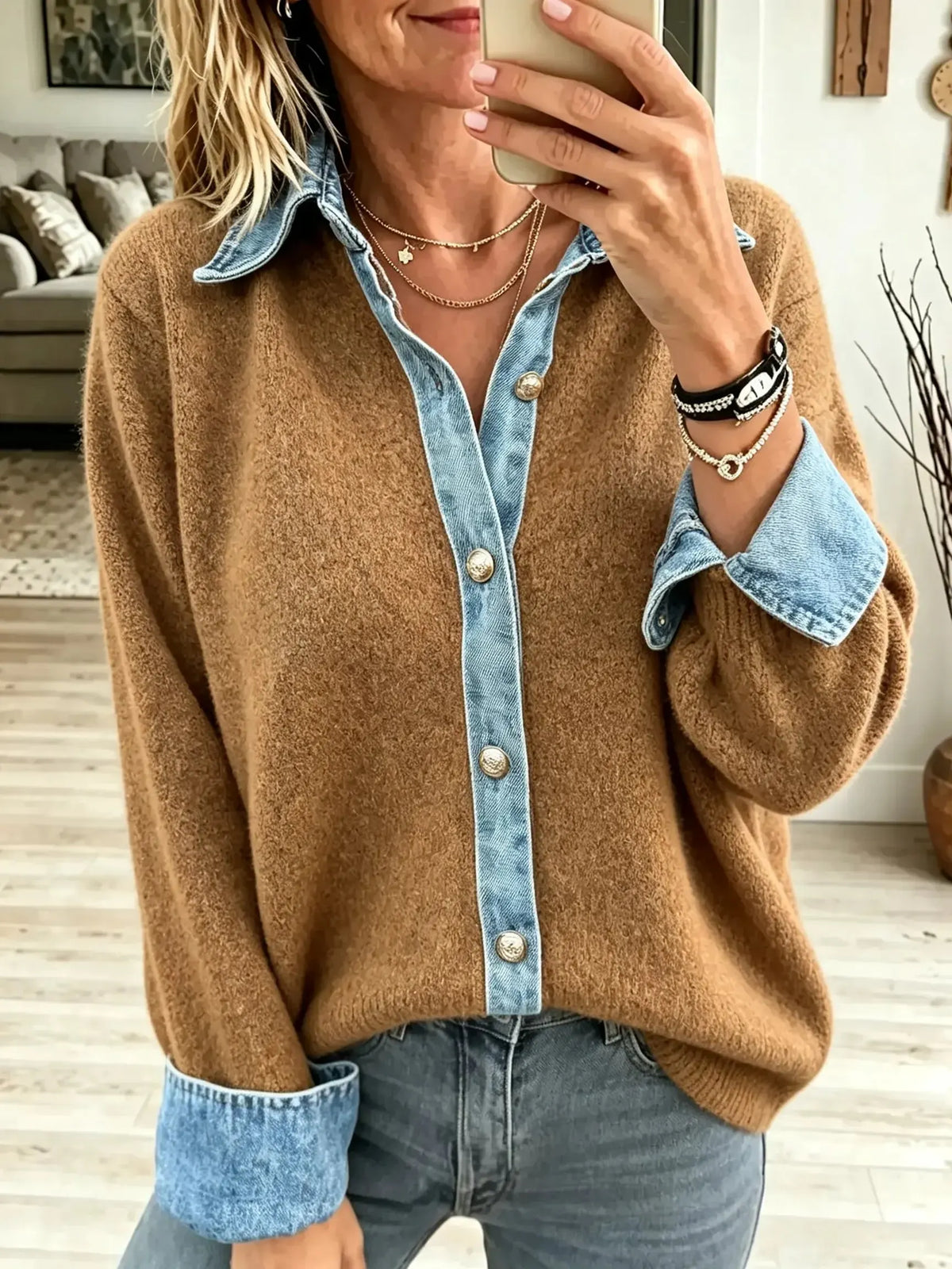 Women's Denim Trim V-Neck Knit Top