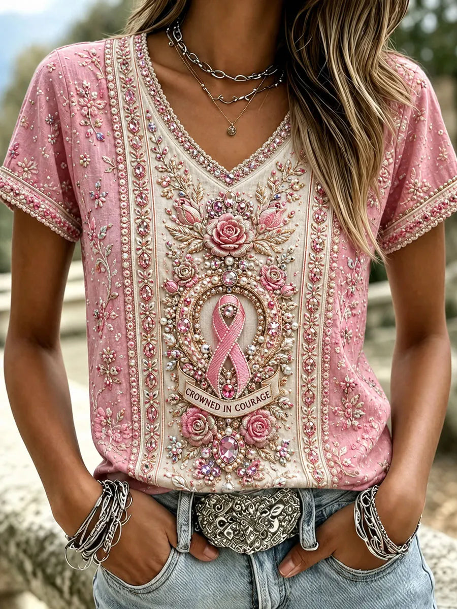 Crowned in Courage Pink Ribbon Floral Embellished V-Neck T-Shirt