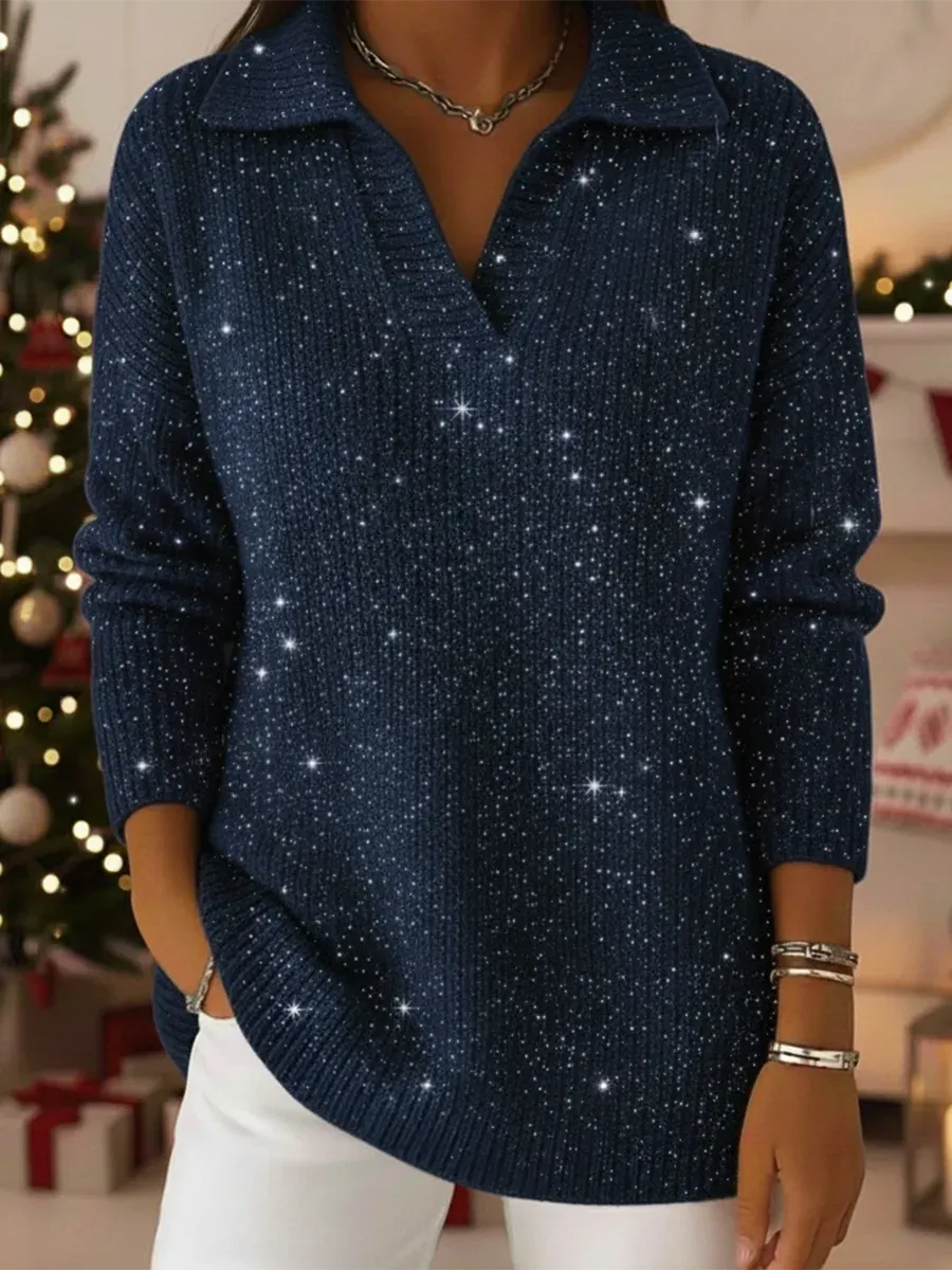 Christmas Party Polo Collar Shiny Loose Sweater Top