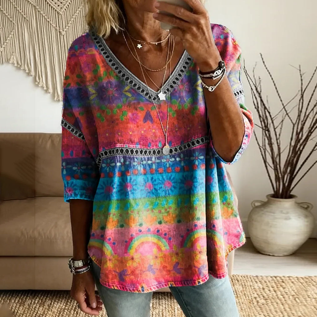 Women's Retro Ethnicity Colorful Stripes Flowers Print Linen Blend Casual T-shirt