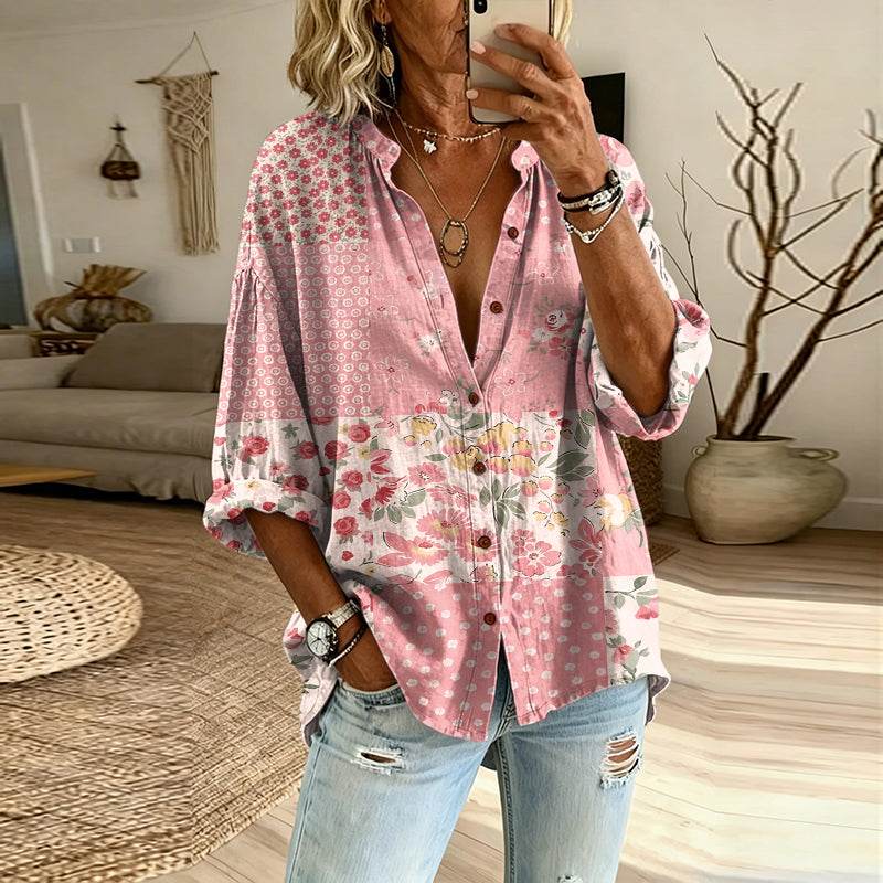 Women's Vintage Floral Patchwork Long-sleeve Button-up Shirt