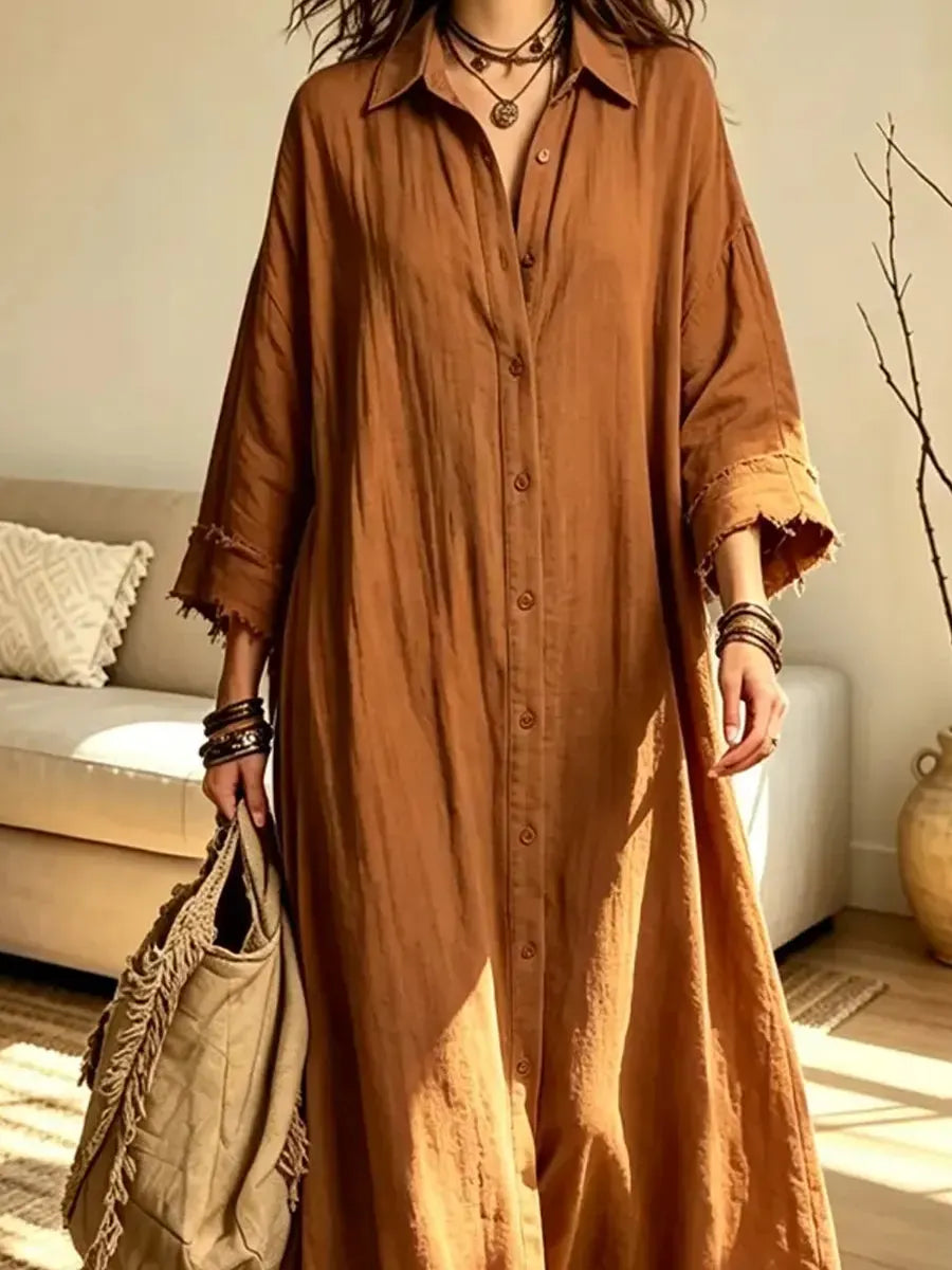 Retro Lapel Art Button Casual Stylish 3/4 Sleeve Cotton Linen Maxi Dress