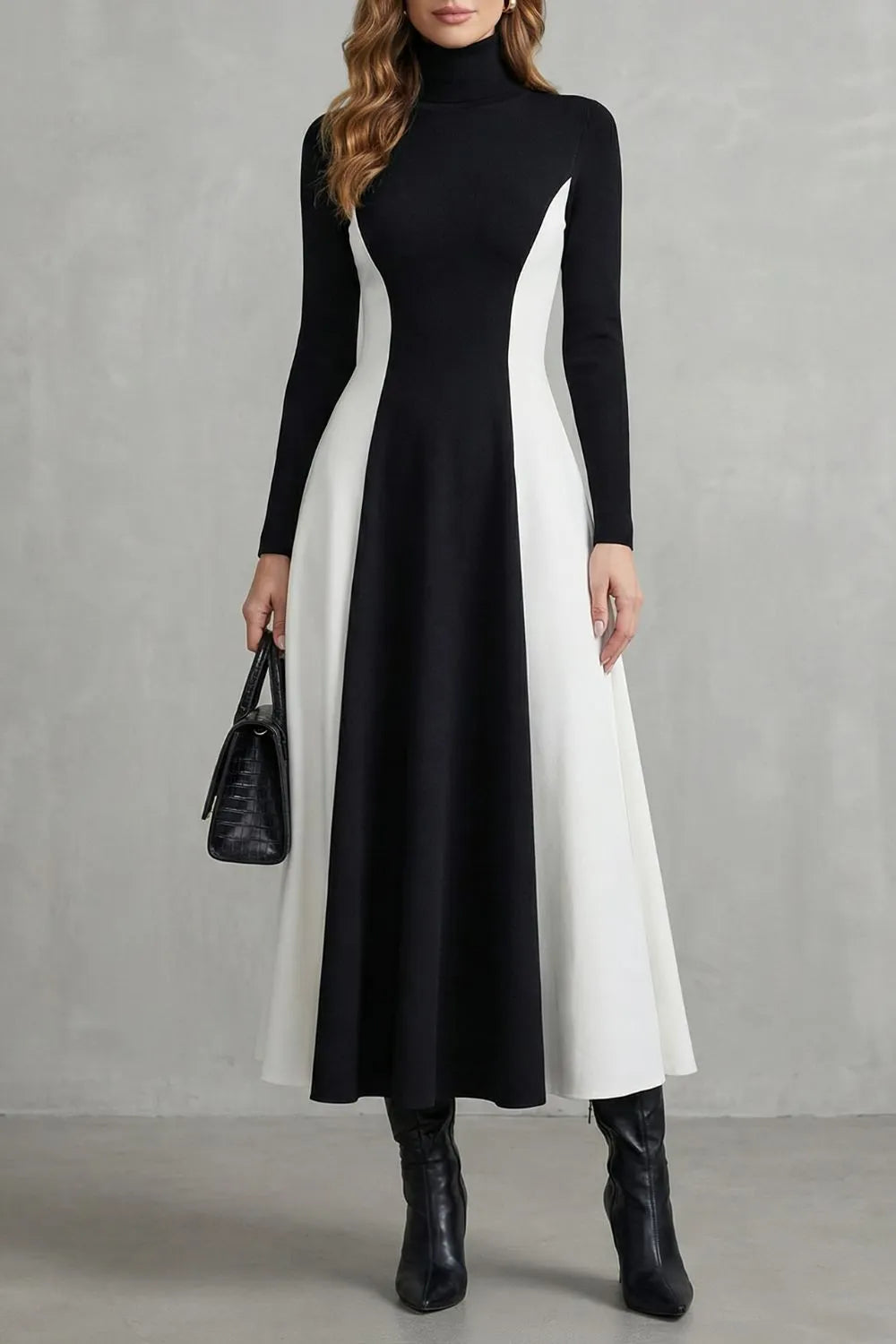 Sculpted contrast flow – Turtleneck dress