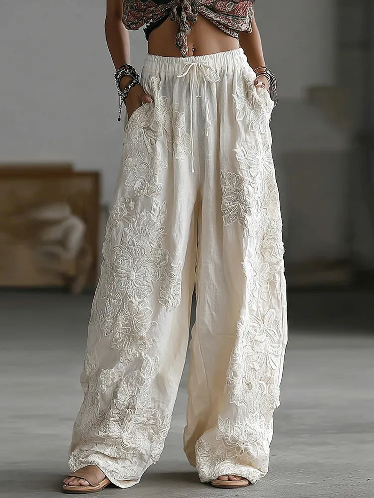 Women's Retro Floral Lace Patchwork Art Pocket Linen Pants