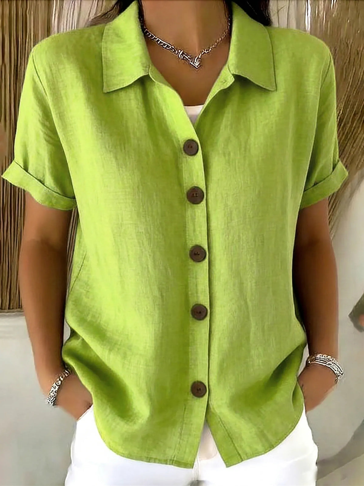 Casual Cozy Basic Button-up Linen-cotton Short-sleeved Shirt