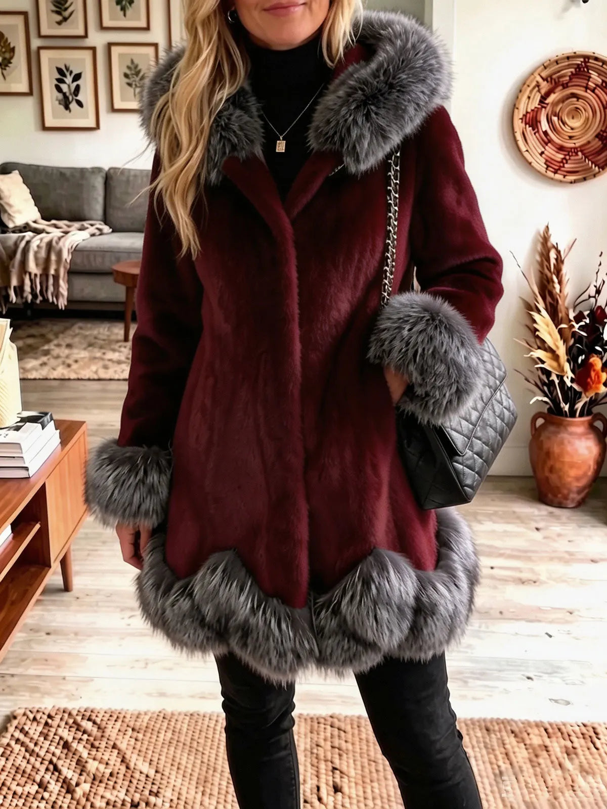 Hooded Faux Fur Contrast Trim Mid‐Length Coat Women Warm Winter Outerwear