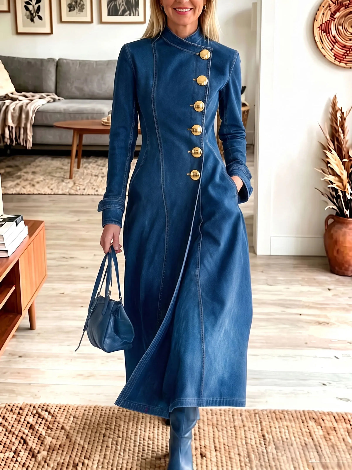 Asymmetric Gold Button Stand Collar Long Denim Trench Coat Women