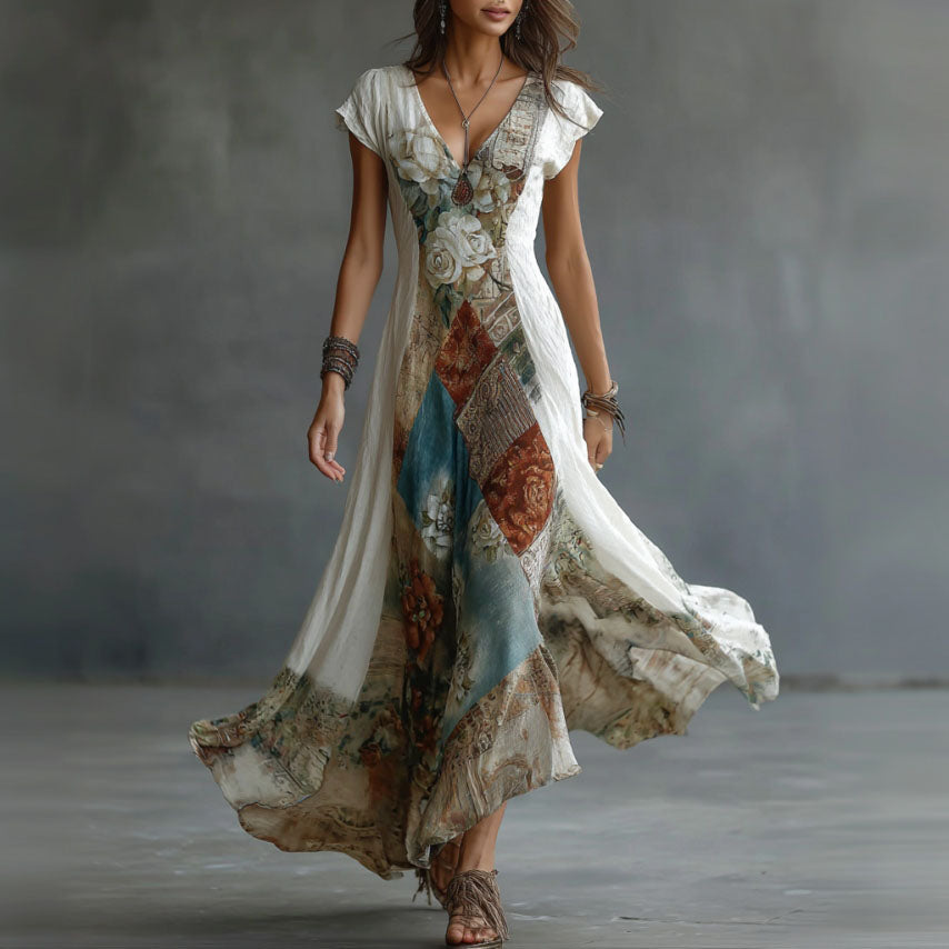 Women's Retro Floral Art Patchwork Print Cotton Linen Casual V-neck Long Dress