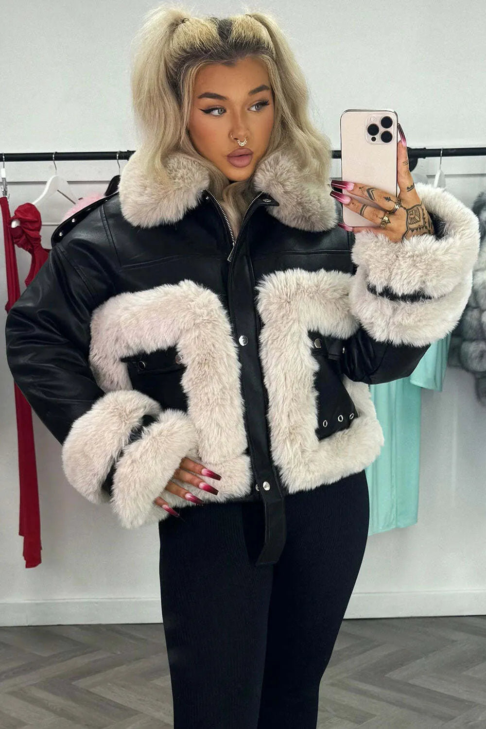 Faux Fur Trim Faux Leather Jacket Black