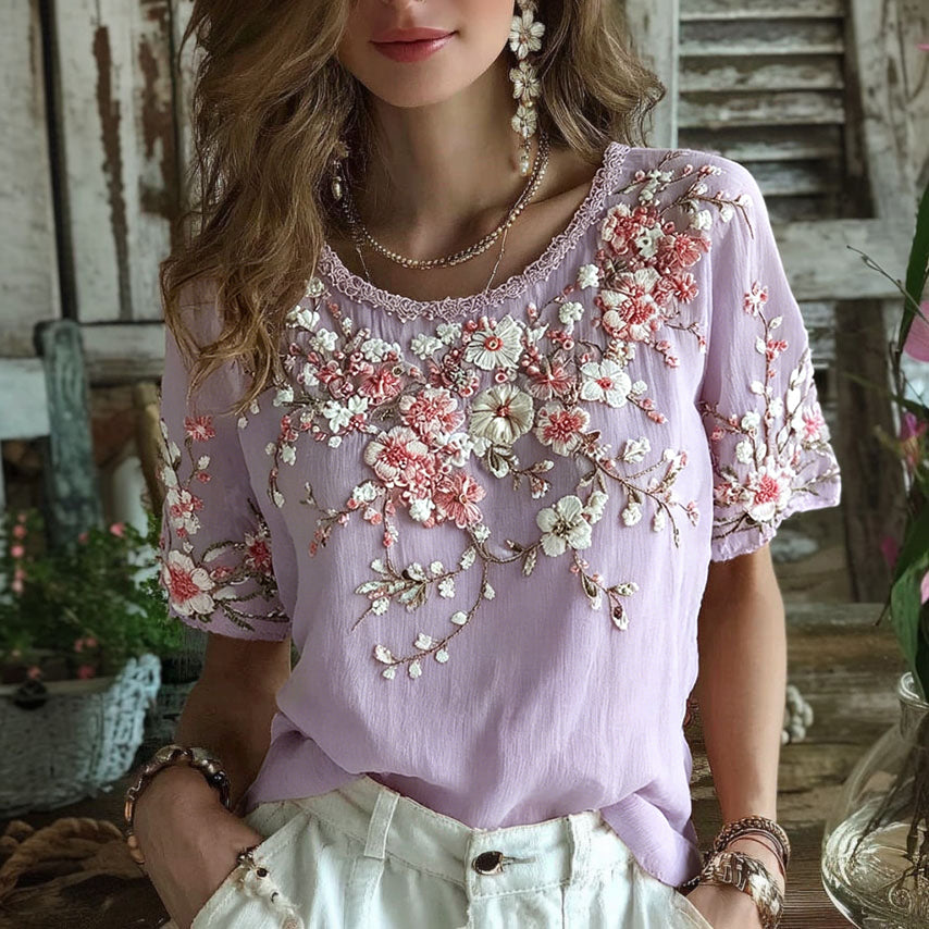 Women's Floral Art Embroidery Cotton Linen T-shirt