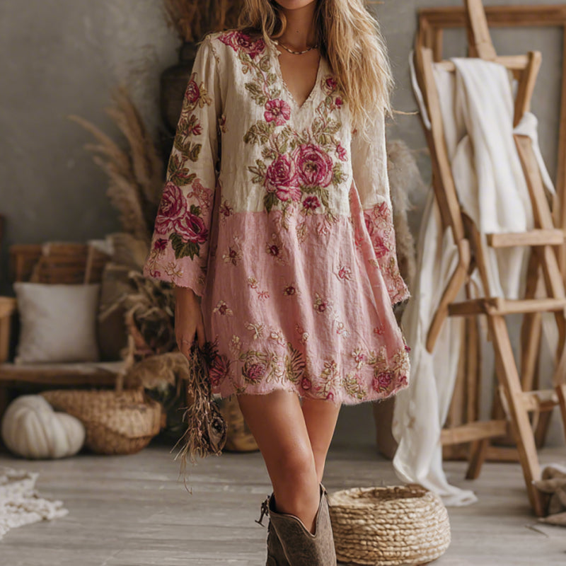 Women's V Neck Boho Classy Gradient Pink Roses Embroidered Art Casual Dress