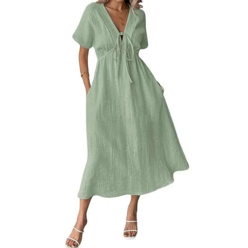 🔥Women's Summer Solid Color V-Neck Cotton Dress