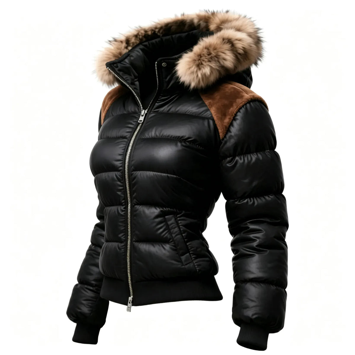 Vintage Women's Contrast Color Stitching Fur Collar Stand Collar Hooded Jacket