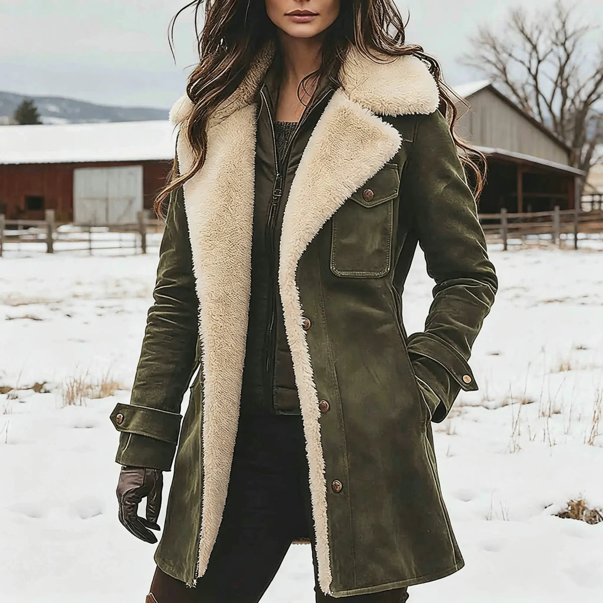Women's Vintage Brown Suede Fleece Lapel Collar Mid-Length Shearling Coat Jacket