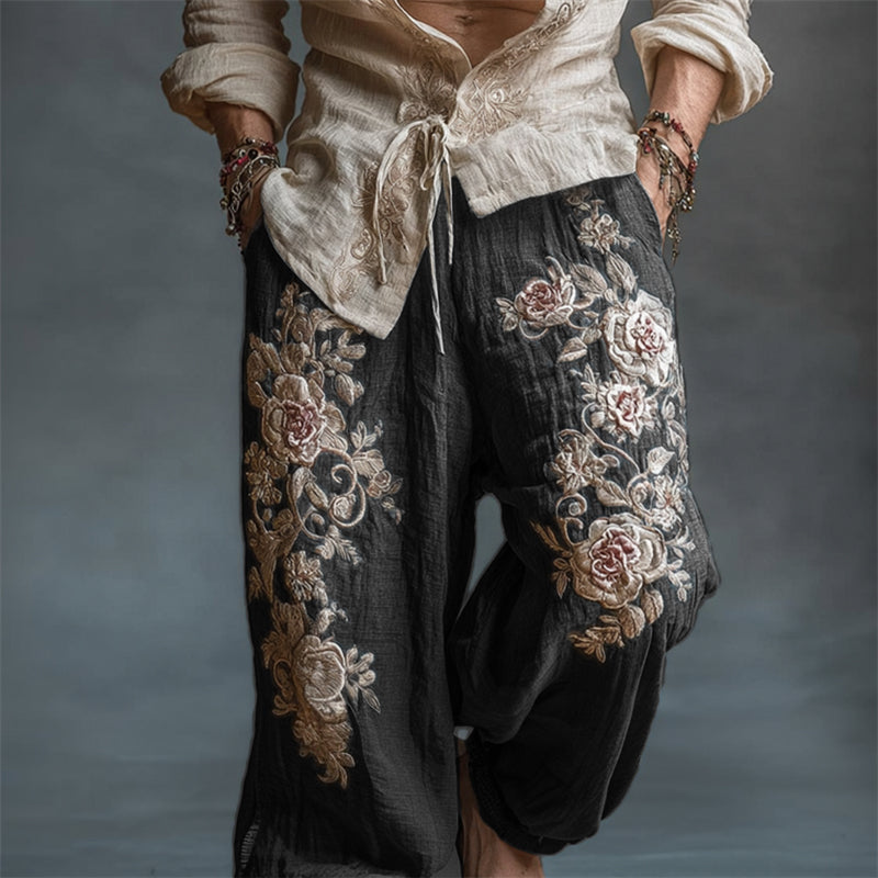 Men's Vintage Roses Embroidered Drawstring Wide Leg Linen Pants