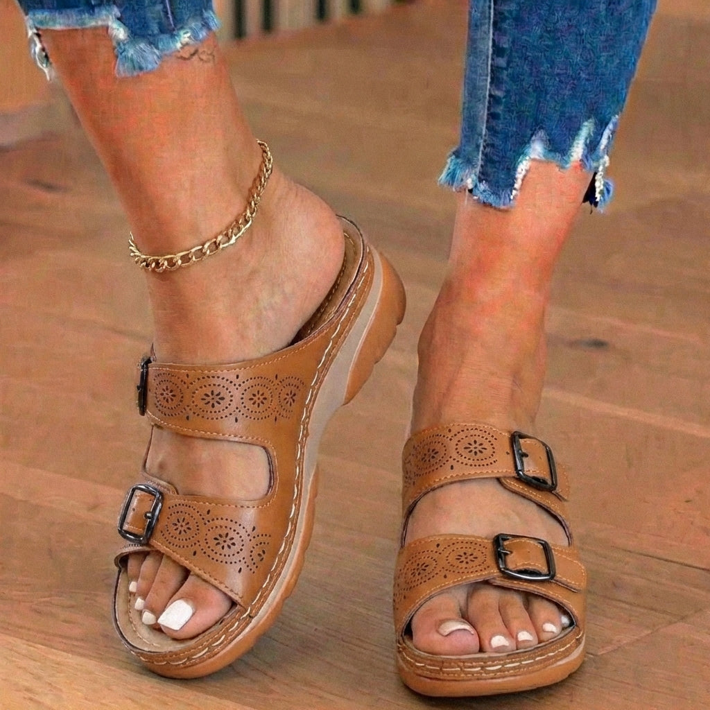 Orthopedic Genuine Leather Platform Slides — Double-Buckle Cutout Design