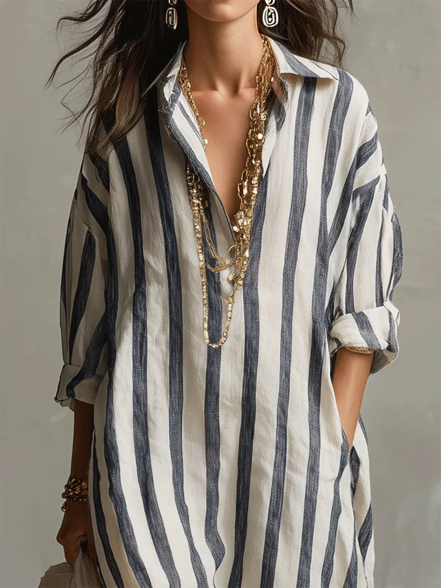 Casual And Cozy Striped Linen-cotton Dress