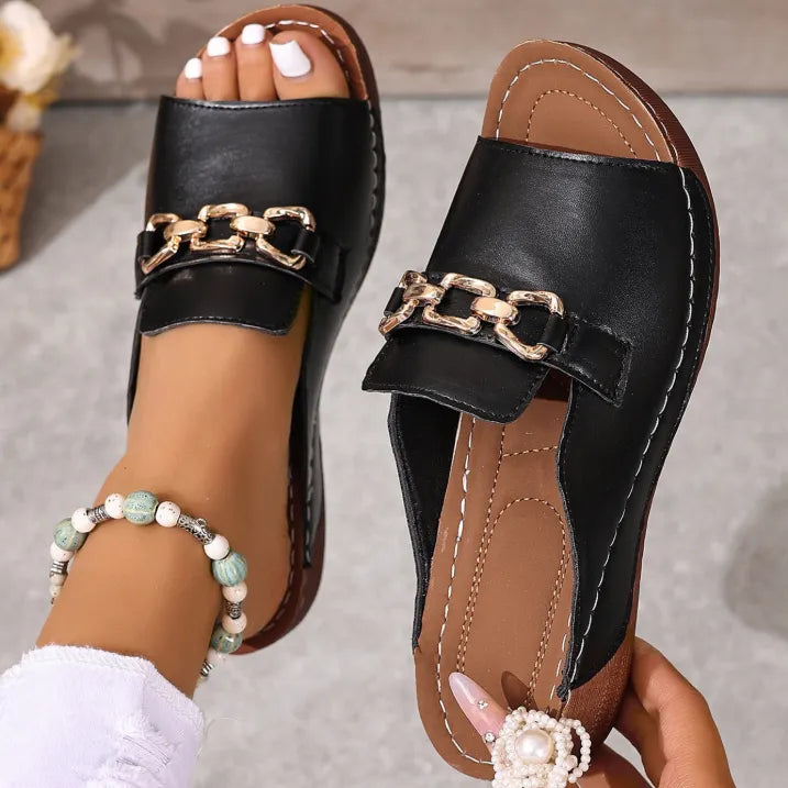 Metallic Buckle Wedge Mules – Easy Slip-On with Arch Support