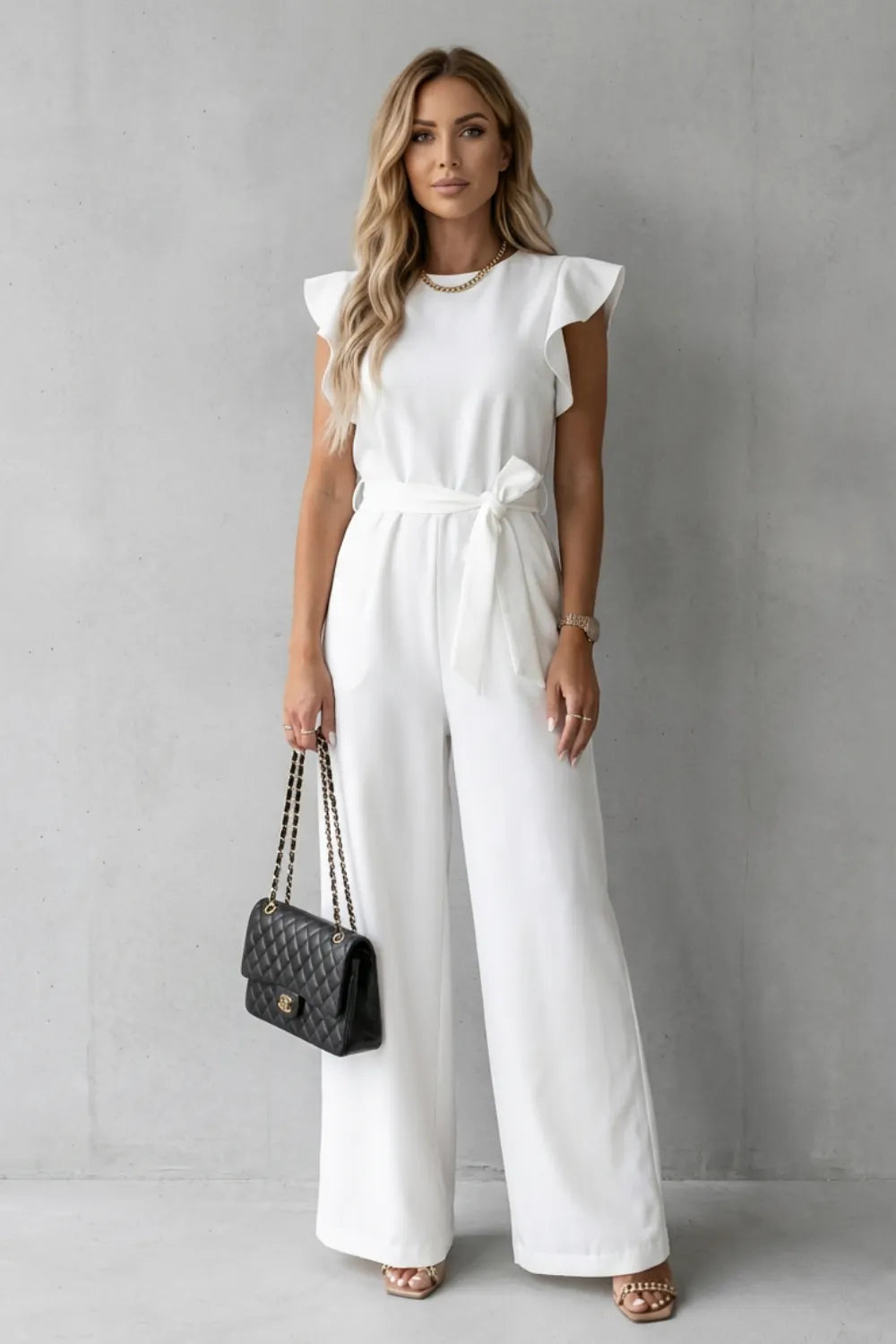 Ruffle sleeve belted – Wide-leg jumpsuit