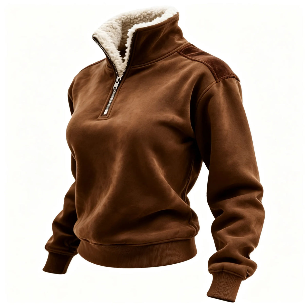 Retro Western Style Women's Contrast Color Patch Suede 1/4 Zip Stand Collar Sweatshirt