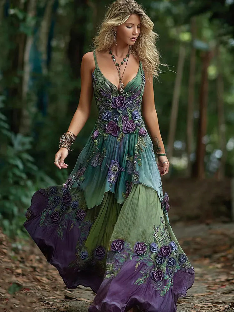 Women's Vintage Floral Embroidery Gradient Maxi Dress