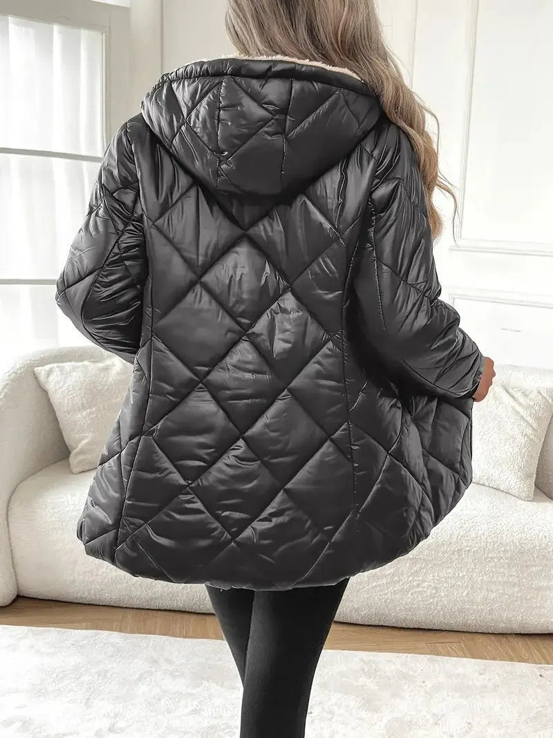 Fleece Lined Hooded Quilted Puffer Jacket Women Zip Up Winter Coat