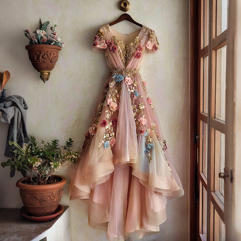 Women's Vintage Floral Gradient Art Flowy Linen Blend V Neck Maxi Dress
