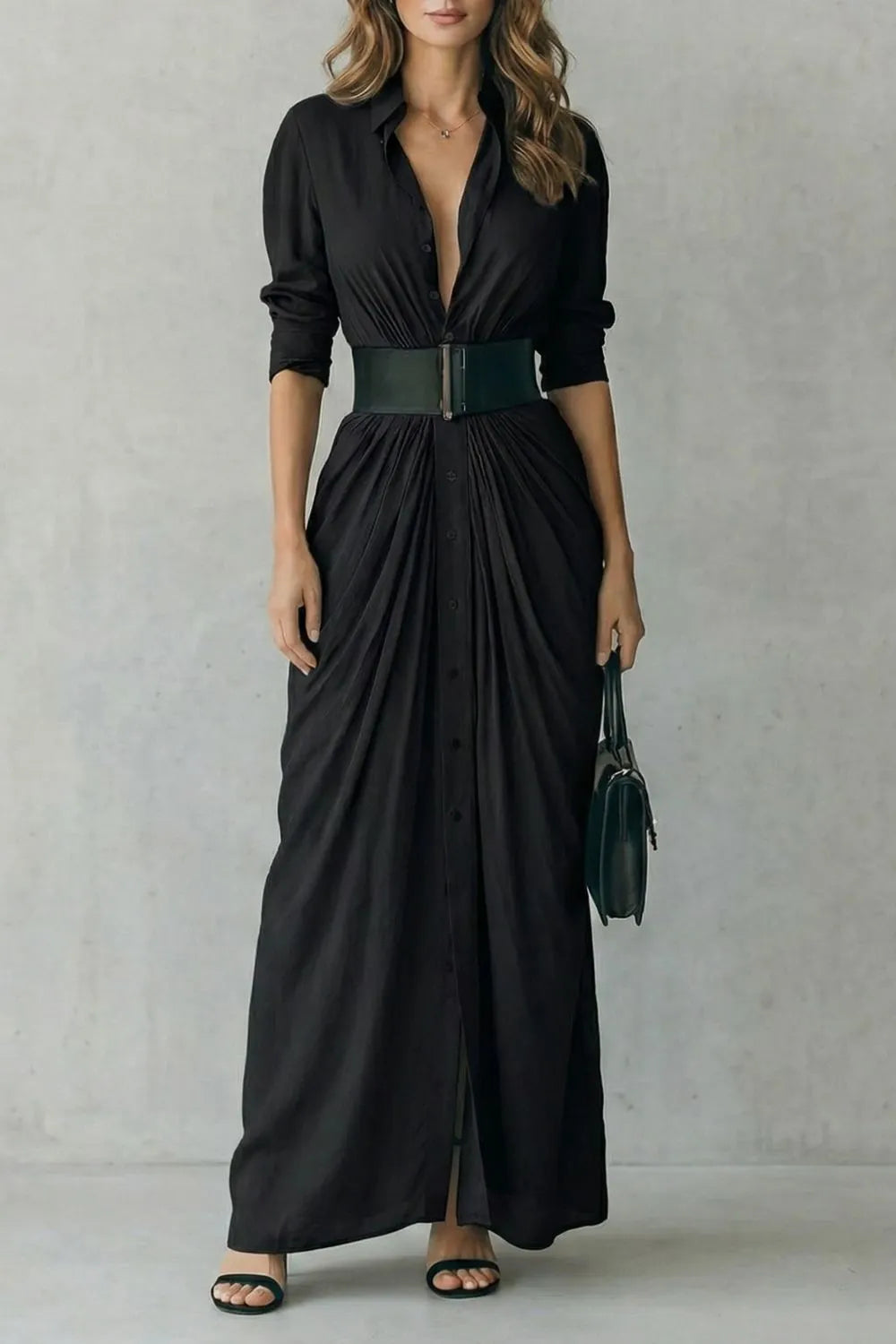Pleated waist drama – Maxi shirt dress (includes belt)