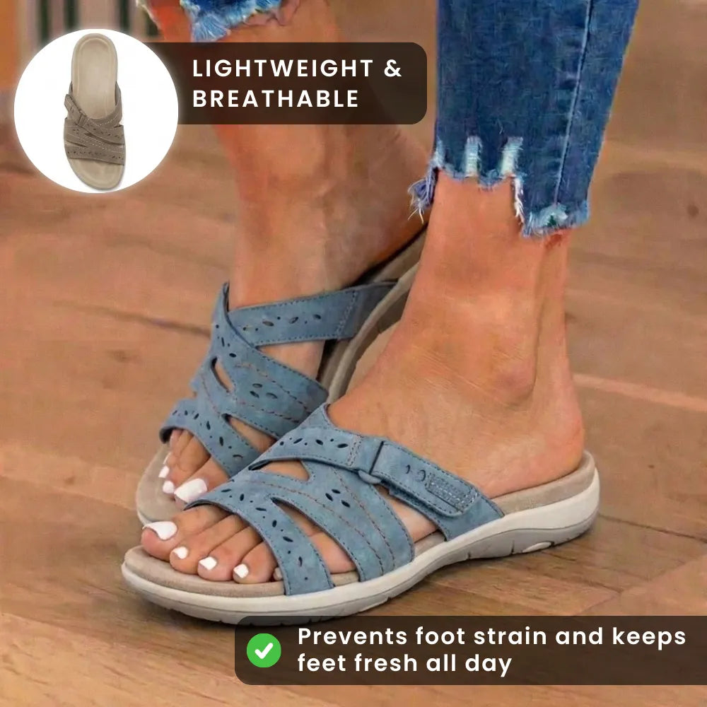 Orthopedic Suede Slide Sandals - Perforated Cutout & Velcro Closure
