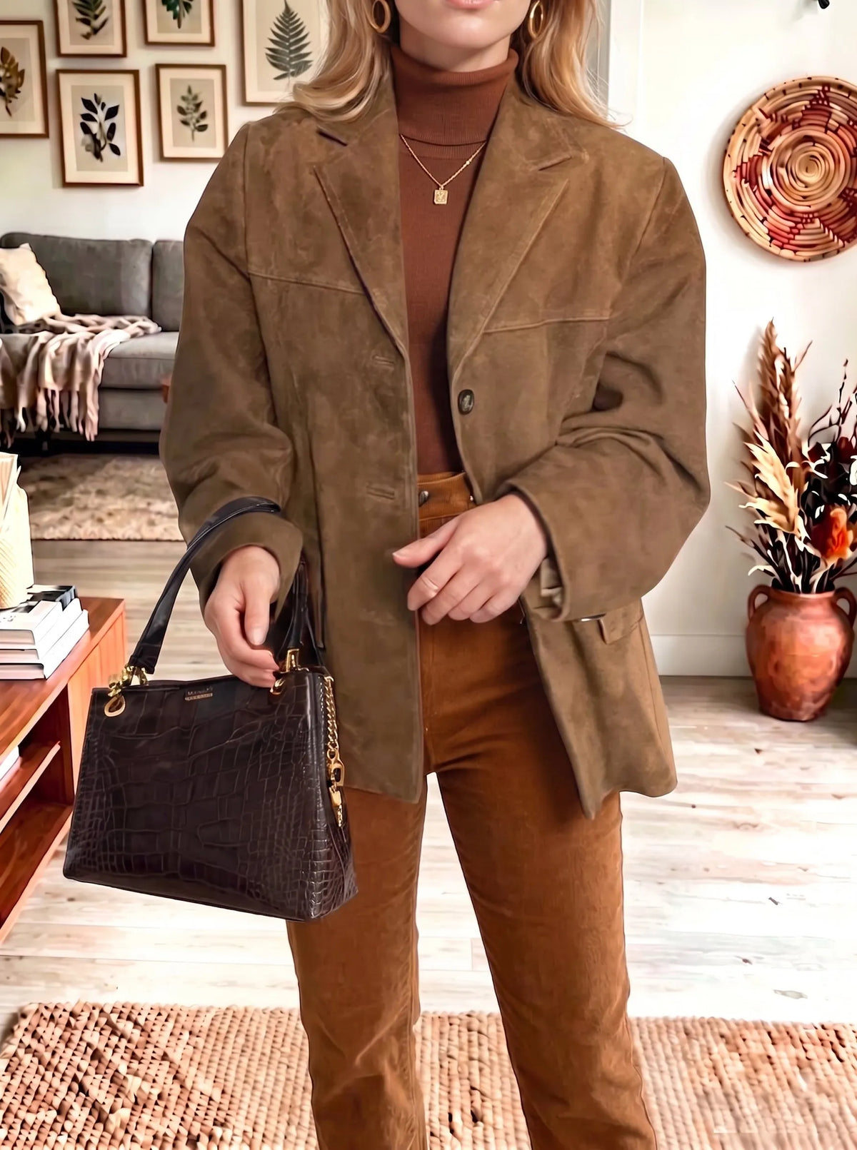 Vintage Suede Lapel Single‐Breasted Blazer Jacket Women Casual Coat