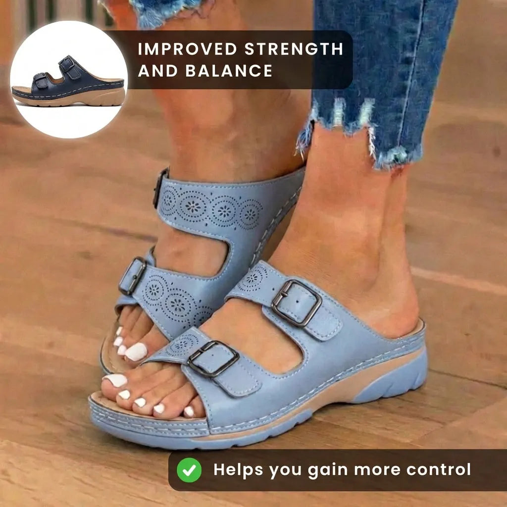 Orthopedic Genuine Leather Platform Slides — Double-Buckle Cutout Design