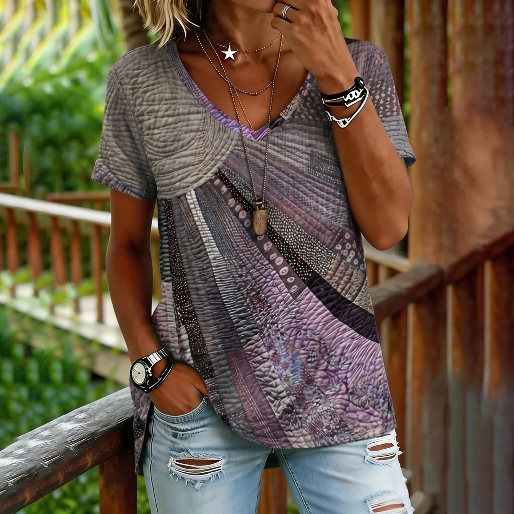 Women's Colorful Sun Collage Art Print Short Sleeve  V Neck Tshirt