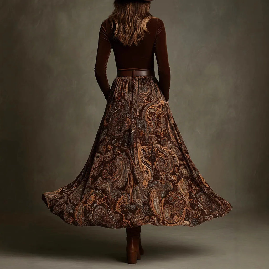 Fitted Top With Belted Waist Paired With A Full-skirted Retro Print Maxi Dress Set