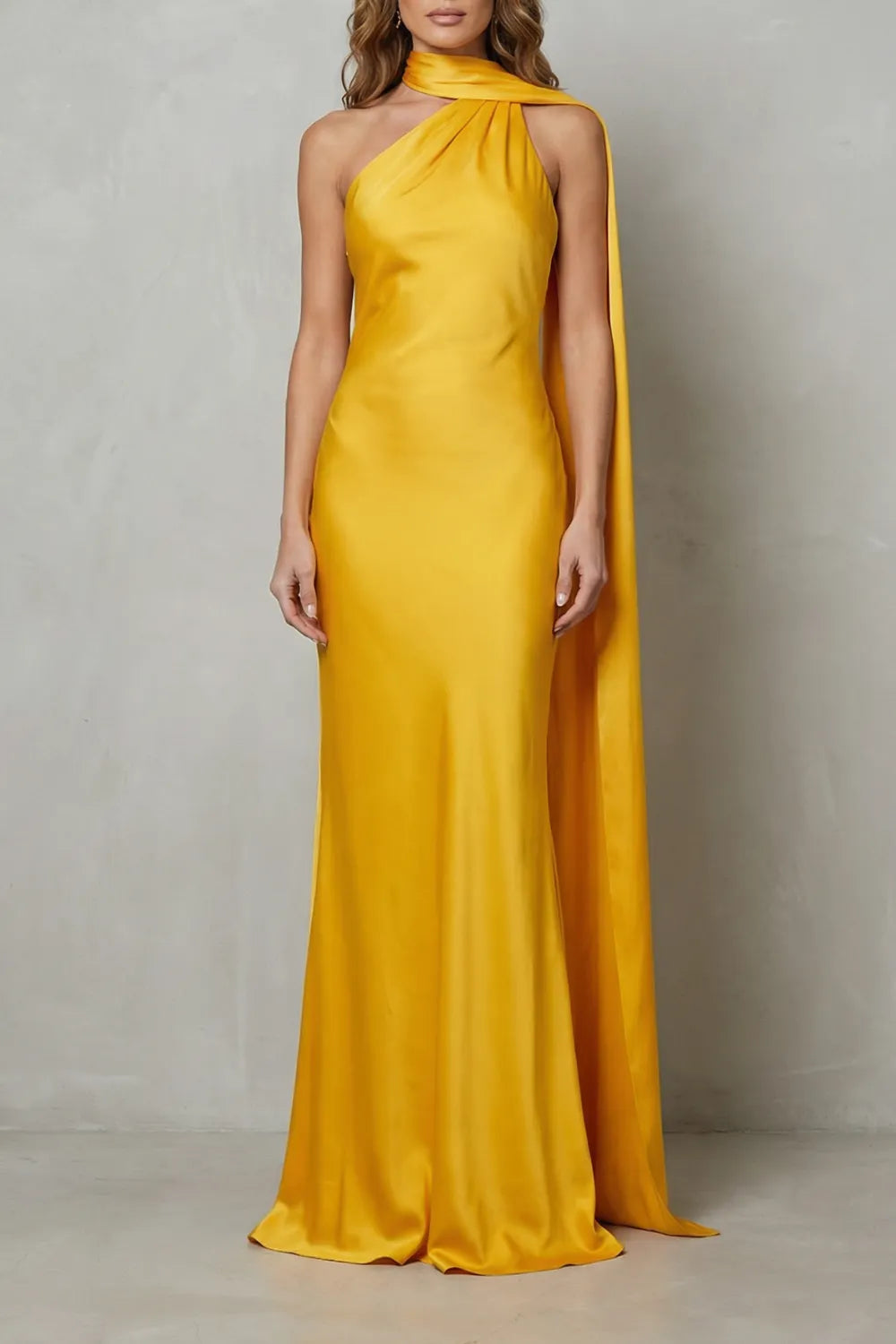 Draped neckline cascade – Satin mermaid gown