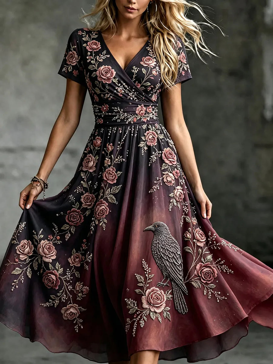 Women's Vintage Raven Floral Print V-Neck Casual Dress