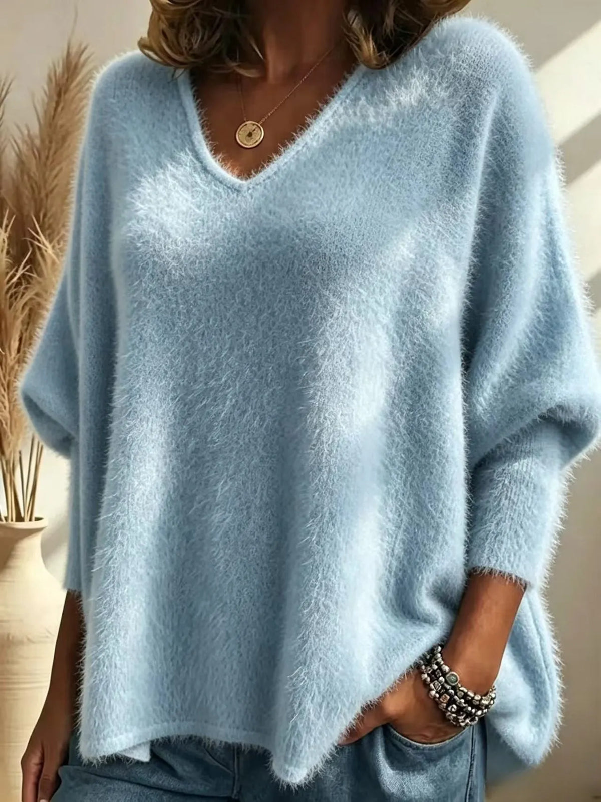 Oversized Fuzzy Mohair‐Style V‐Neck Sweater, Women Batwing Loose Soft Knit Pullover