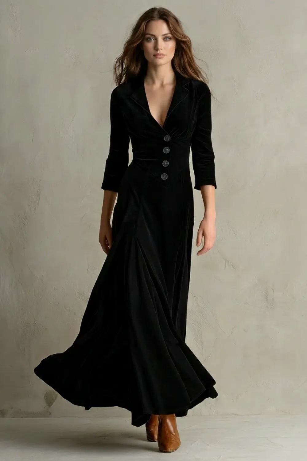 Vintage Velvet Long Dress – Elegant Buttoned Swing Skirt with Lapel Detail