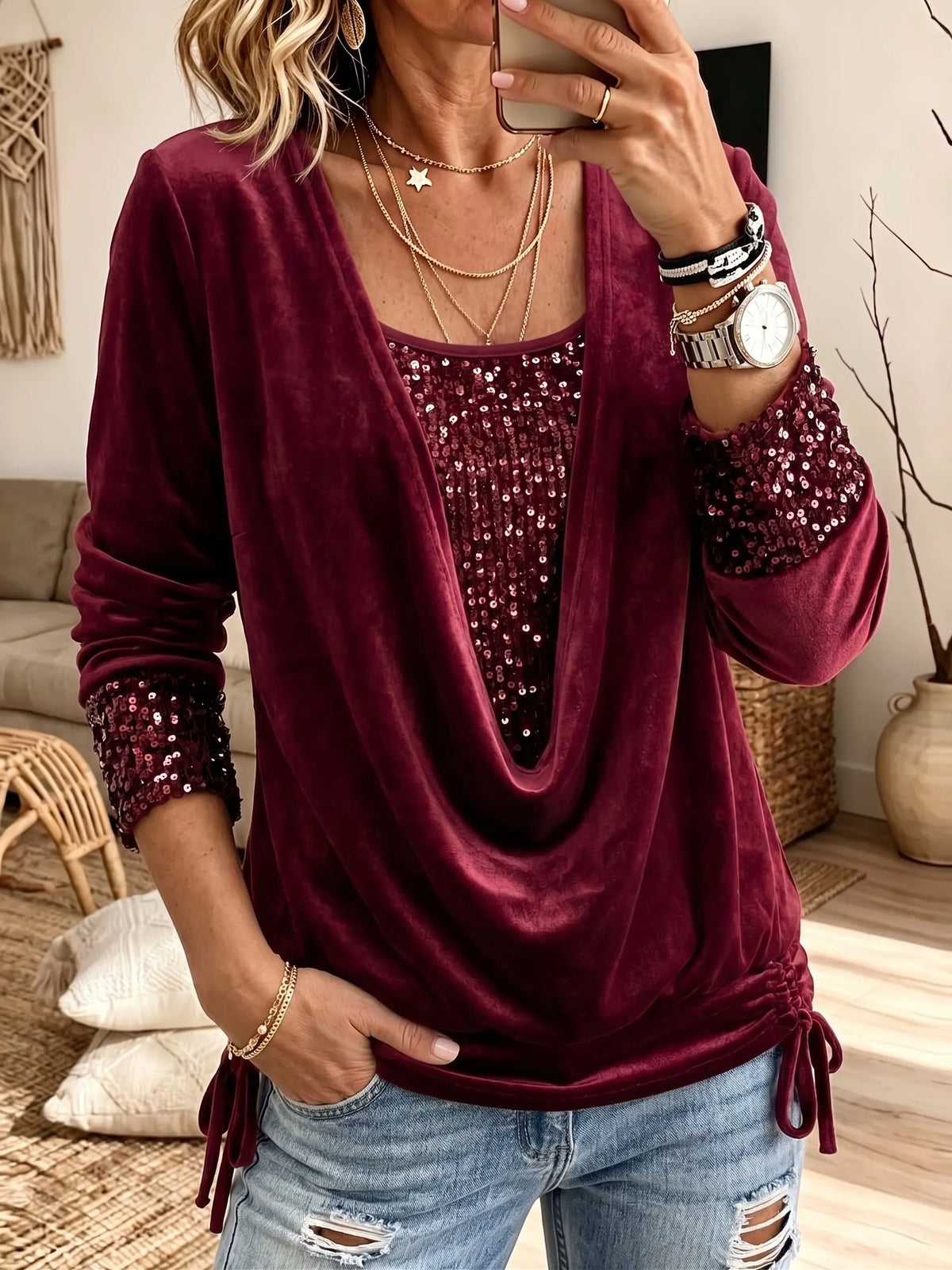 Velvet Cowl Neck 2‐in‐1 Blouse Sequin Long Sleeve Drawstring Party Top