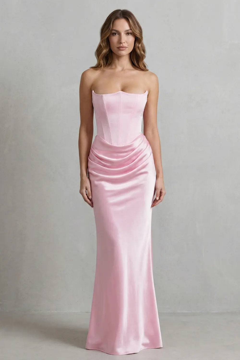 Sculpted satin drape – Strapless corset maxi dress