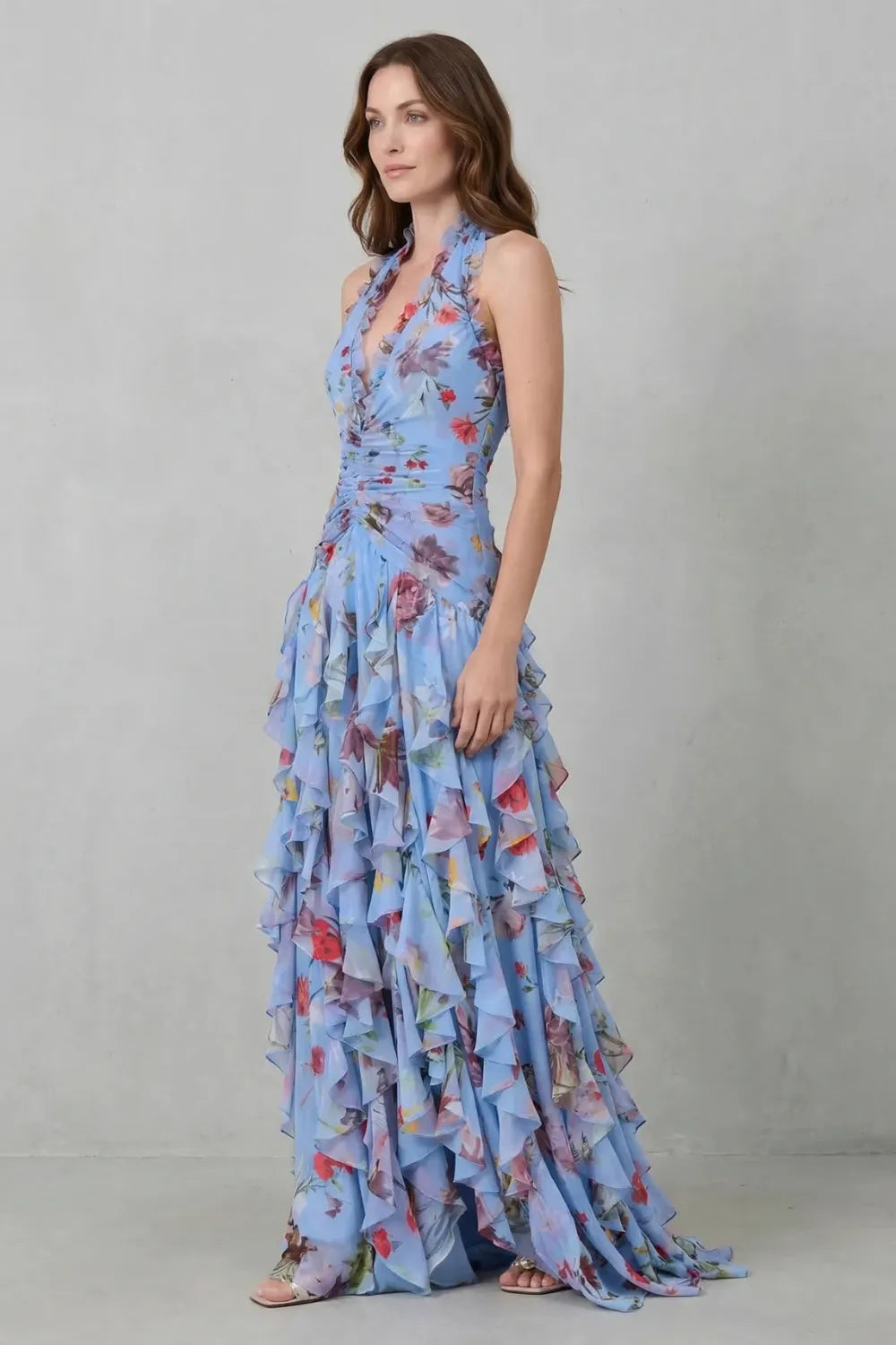 Romantic rose cascade – Halter maxi dress