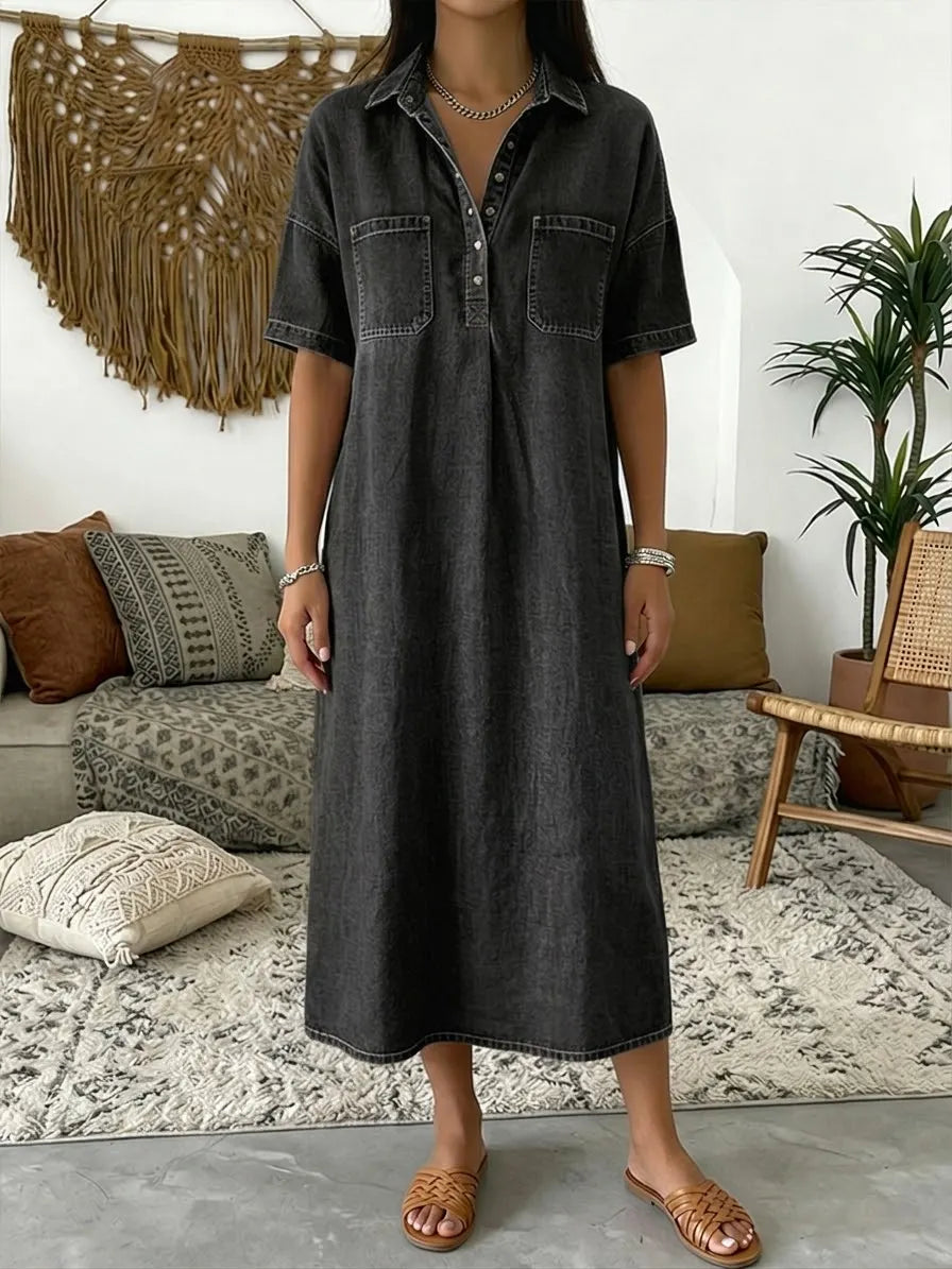 Casual Short-sleeved Polo Collar Denim Dress