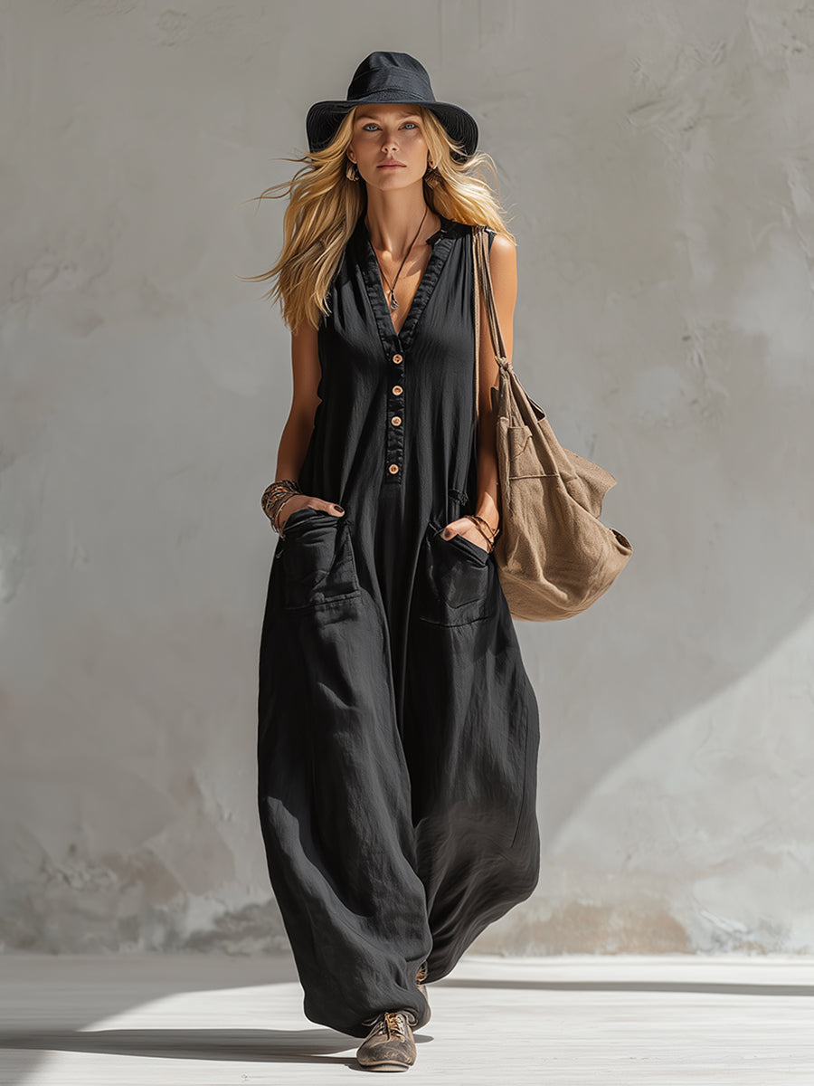 Elegant Urban-style Black Cotton And Linen Sleeveless Jumpsuit