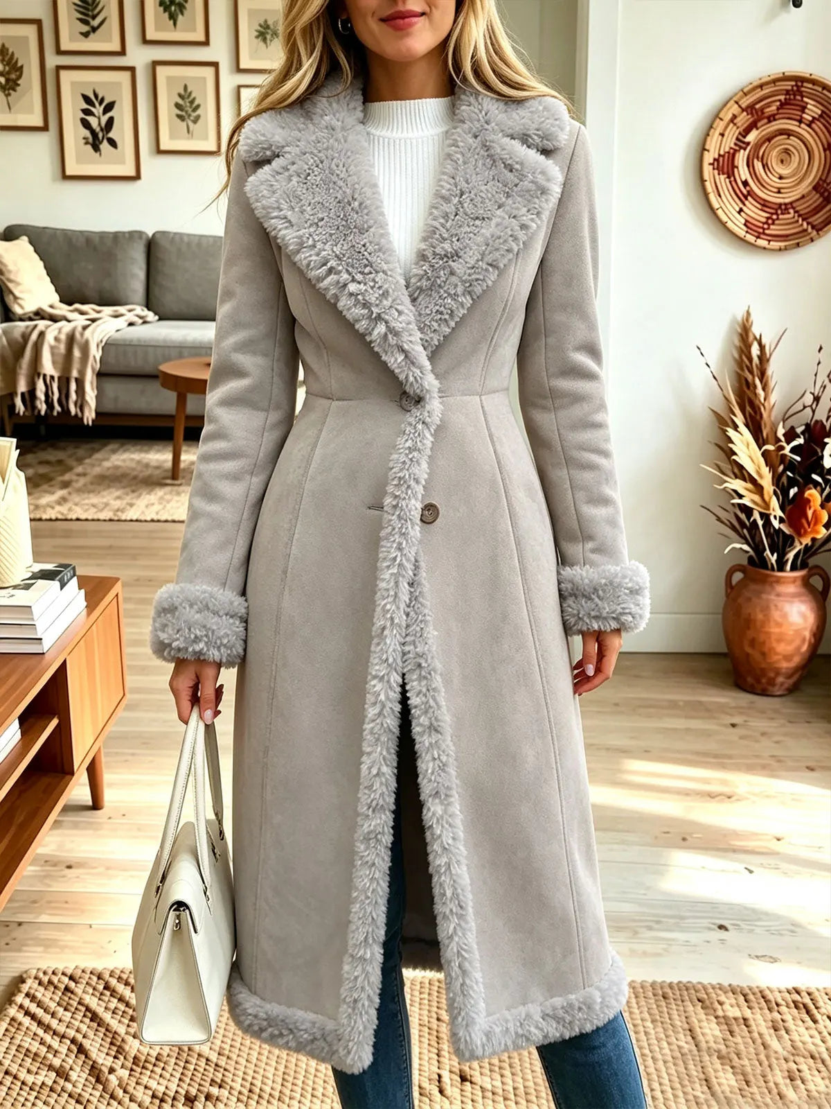 Women Faux Shearling Trim Long Coat, Lapel Single‐Button Winter Outerwear