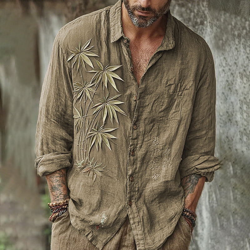 Men's Vintage Japanese Bamboo Embroidery Art Long Sleeve Linen Blend Shirt
