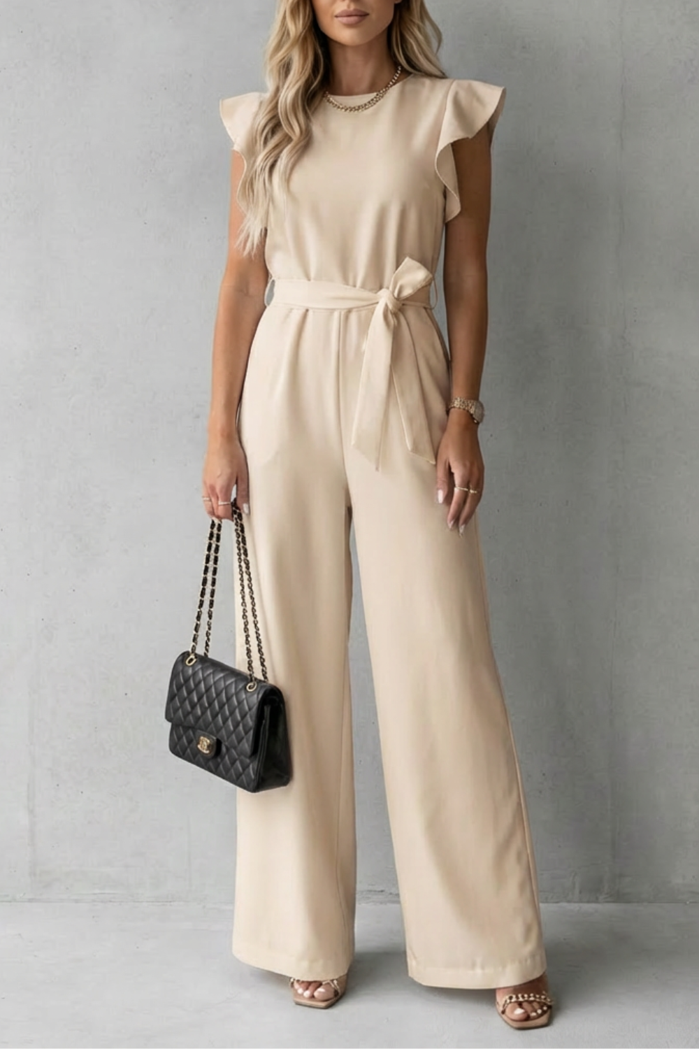 Ruffle sleeve belted – Wide-leg jumpsuit