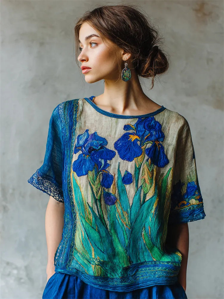Oil Painting Inspired Irises Embroidered Contrast Linen Tunic